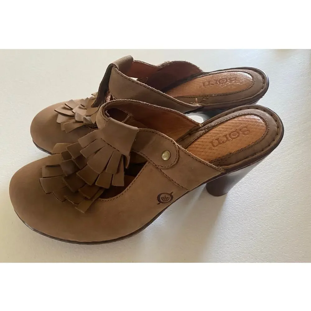 Born Suede Boho Fringe T-Strap Mules Heel Tan Size 9 Hippie Festival‎